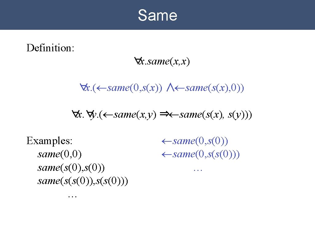 Same Definition: ∀x. same(x, x) ∀x. (¬same(0, s(x)) ∧¬same(s(x), 0)) ∀x. ∀y. (¬same(x, y)