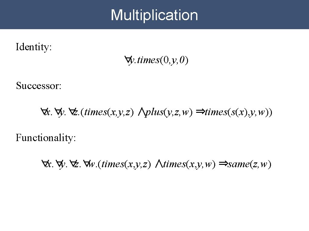 Multiplication Identity: ∀y. times(0, y, 0) Successor: ∀x. ∀y. ∀z. (times(x, y, z) ∧plus(y,