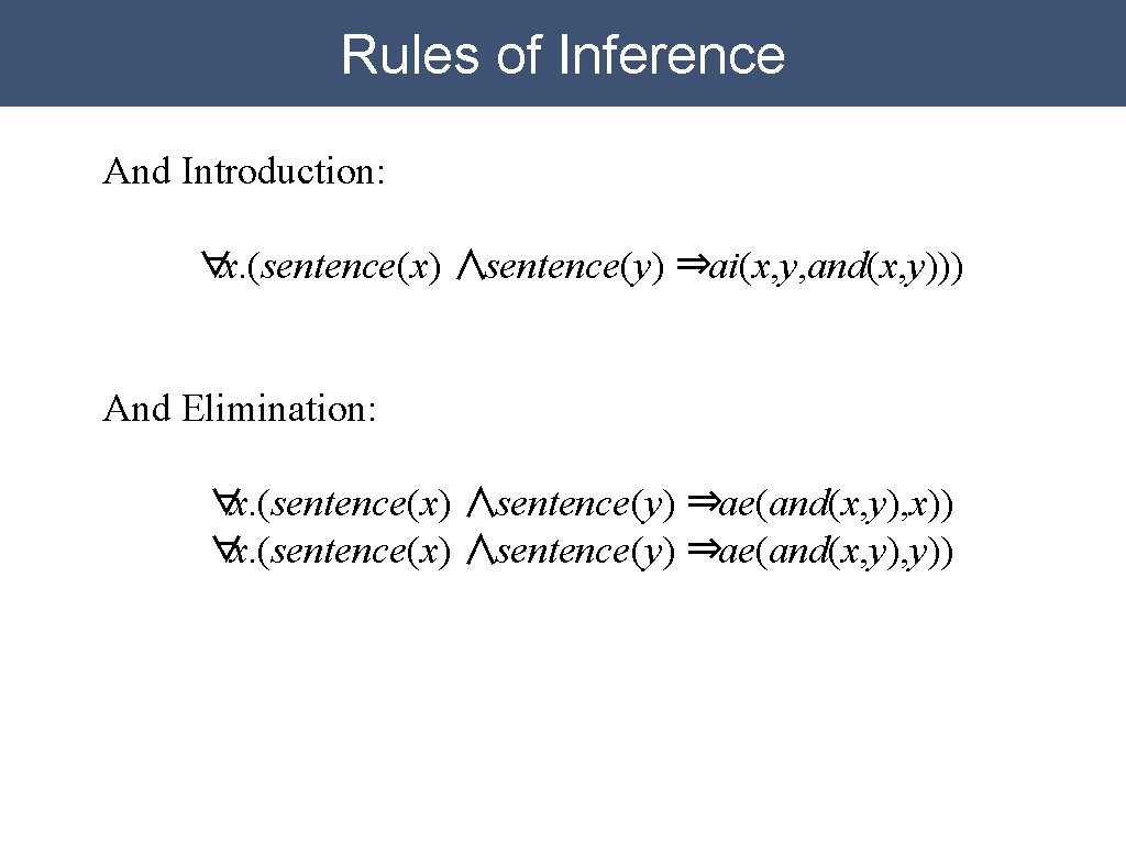 Rules of Inference And Introduction: ∀x. (sentence(x) ∧sentence(y) ⇒ai(x, y, and(x, y))) And Elimination: