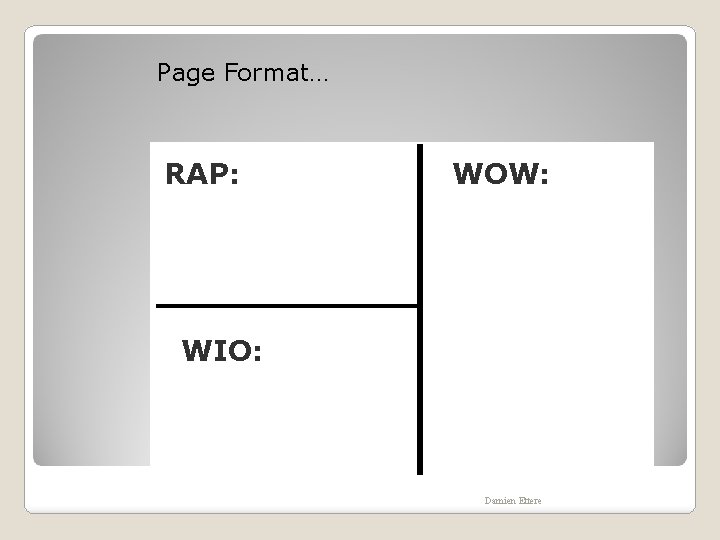 Page Format… RAP: WOW: WIO: Damien Ettere 