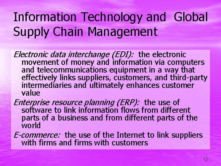 Information Technology and Global Supply Chain Management Electronic data interchange (EDI): the electronic movement