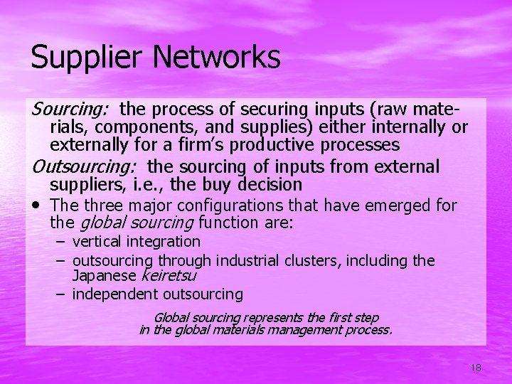 Supplier Networks Sourcing: the process of securing inputs (raw mate- rials, components, and supplies)