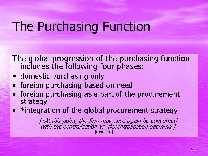 The Purchasing Function The global progression of the purchasing function includes the following four