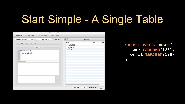 Start Simple - A Single Table CREATE TABLE Users( name VARCHAR(128), email VARCHAR(128) )