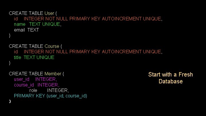 CREATE TABLE User ( id INTEGER NOT NULL PRIMARY KEY AUTOINCREMENT UNIQUE, name TEXT