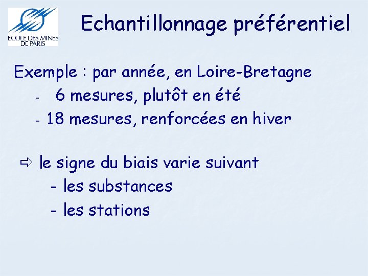 Echantillonnage préférentiel Exemple : par année, en Loire-Bretagne 6 mesures, plutôt en été -