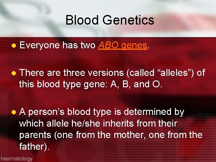 Blood Genetics l Everyone has two ABO genes. l There are three versions (called