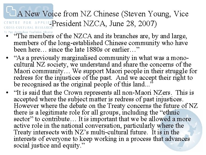 A New Voice from NZ Chinese (Steven Young, Vice -President NZCA, June 28, 2007)