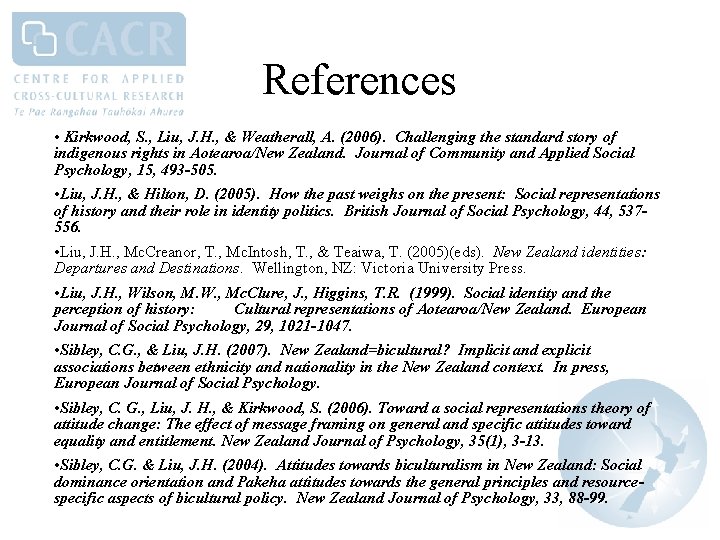 References • Kirkwood, S. , Liu, J. H. , & Weatherall, A. (2006). Challenging