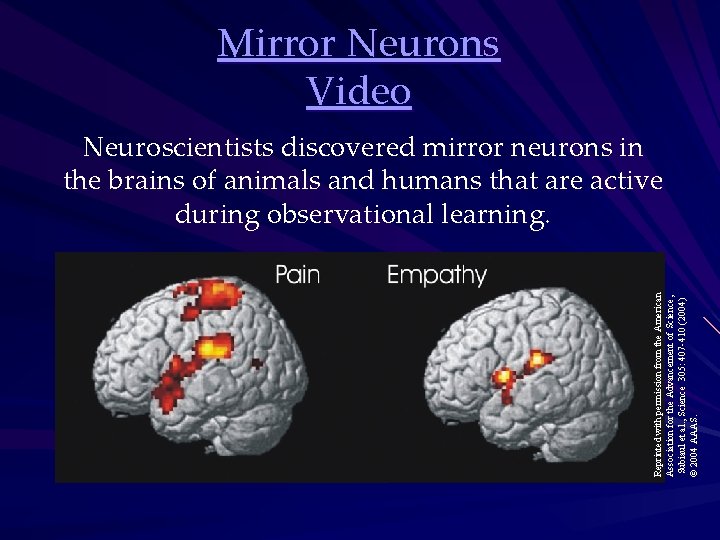 Mirror Neurons Video Reprinted with permission from the American Association for the Advancement of Mirror Neurons Video Reprinted with permission from the American Association for the Advancement of
