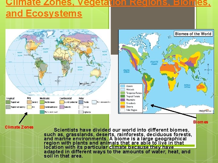 Climate Zones, Vegetation Regions, Biomes, and Ecosystems Biomes Climate Zones Scientists have divided our