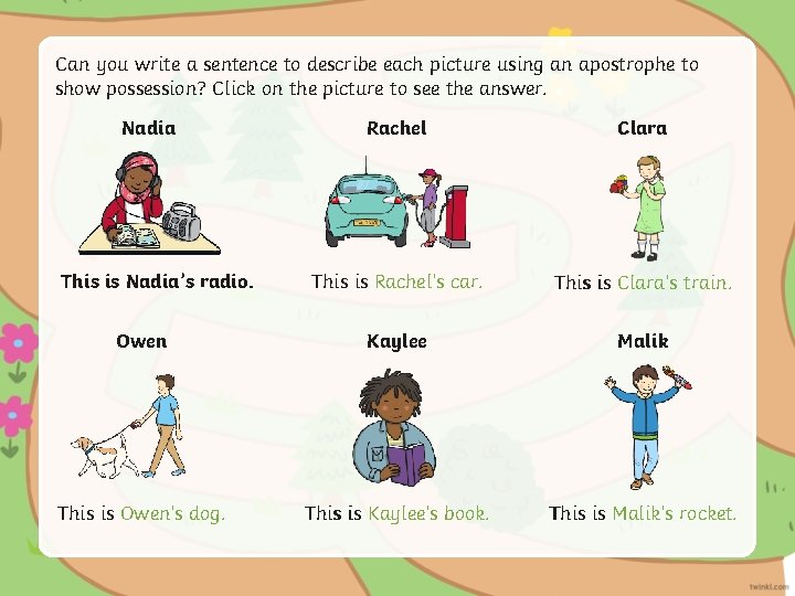 Can you write a sentence to describe each picture using an apostrophe to show