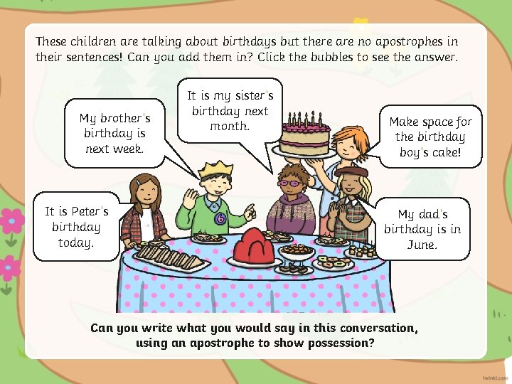 These children are talking about birthdays but there are no apostrophes in their sentences!