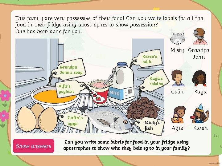 This family are very possessive of their food! Can you write labels for all