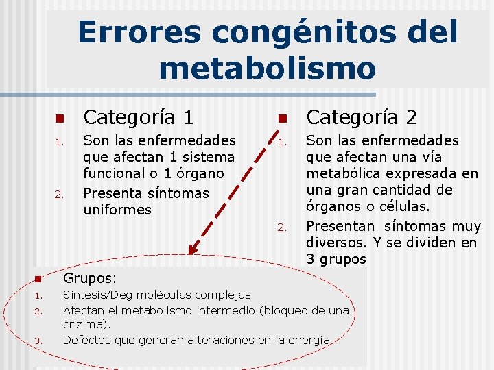 Errores congénitos del metabolismo n 1. 2. Categoría 1 Son las enfermedades que afectan