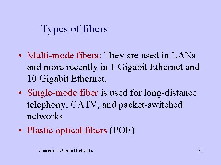 Types of fibers • Multi-mode fibers: They are used in LANs and more recently