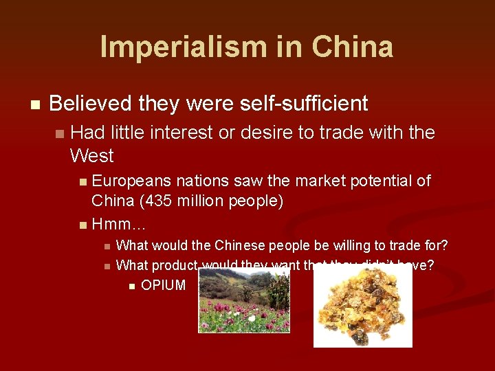 Imperialism in China n Believed they were self-sufficient n Had little interest or desire