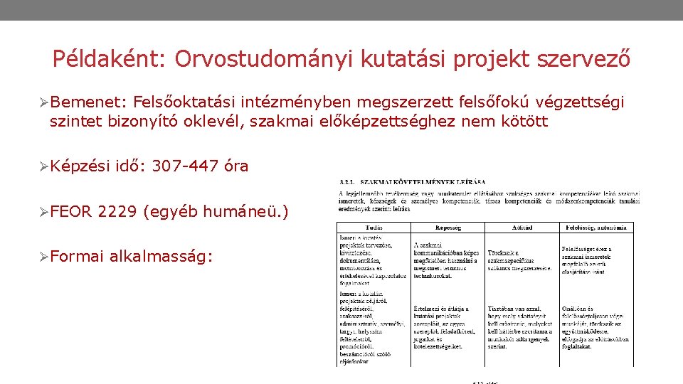 Példaként: Orvostudományi kutatási projekt szervező ØBemenet: Felsőoktatási intézményben megszerzett felsőfokú végzettségi szintet bizonyító oklevél,