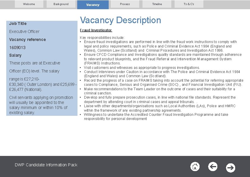 Welcome Background Vacancy Process Timeline Job Title Vacancy Description Executive Officer Fraud Investigator T’s