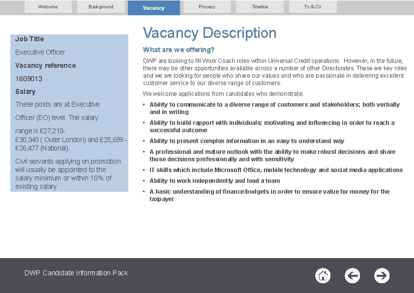 Welcome Background Vacancy Process Timeline Job Title Vacancy Description Executive Officer What are we