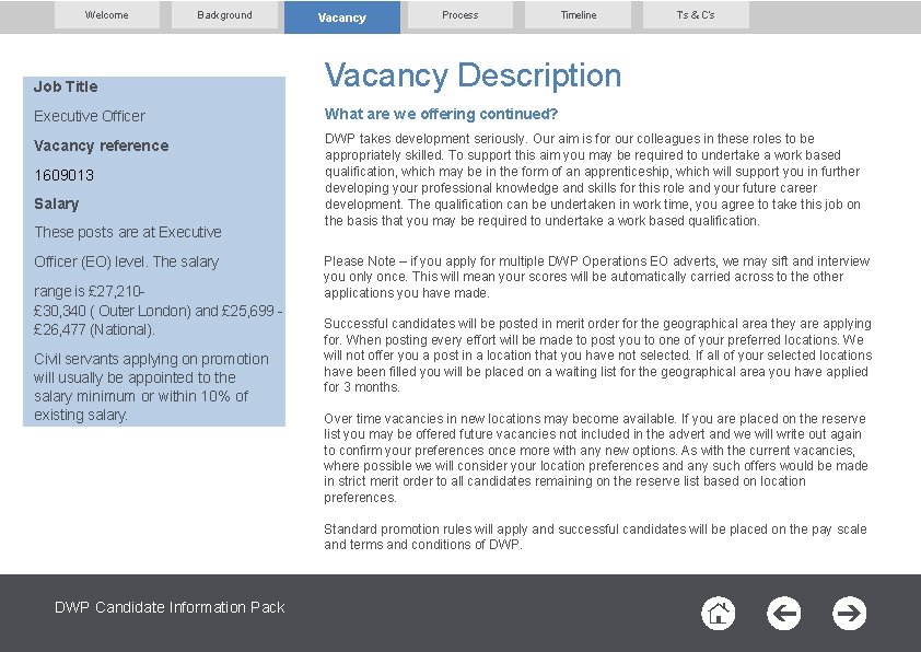 Welcome Background Vacancy Process Timeline T’s & C’s Job Title Vacancy Description Executive Officer