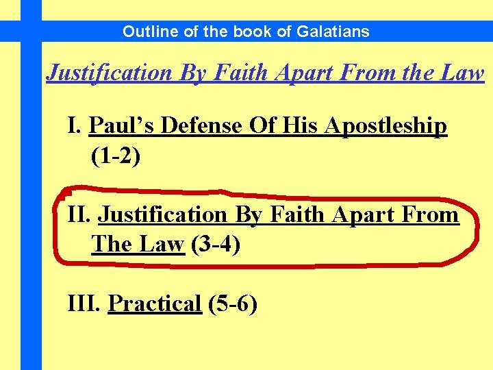 Outline of the book of Galatians Justification By Faith Apart From the Law I.