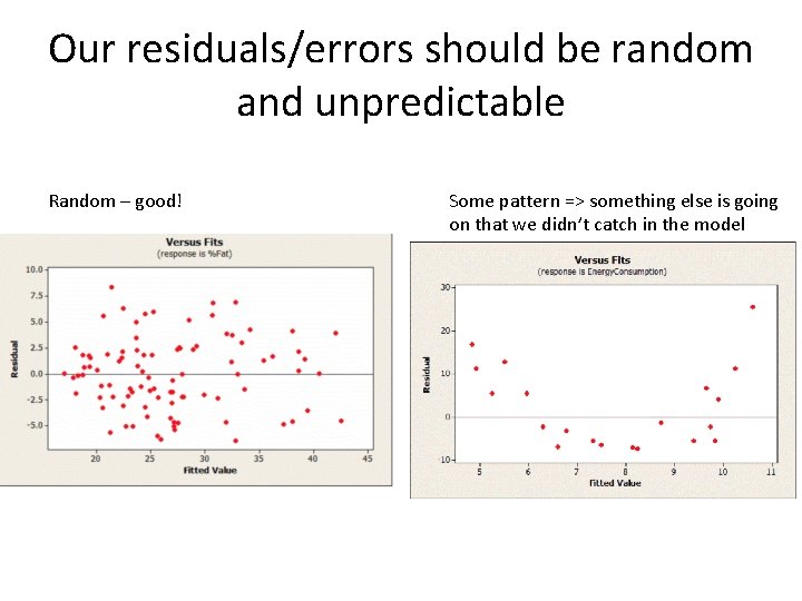 Our residuals/errors should be random and unpredictable Random – good! Some pattern => something