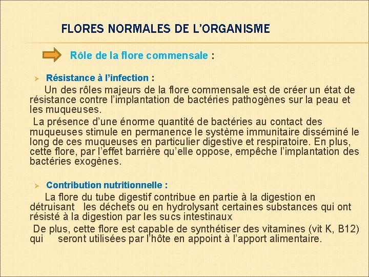 FLORES NORMALES DE L’ORGANISME Rôle de la flore commensale : Ø Résistance à l’infection FLORES NORMALES DE L’ORGANISME Rôle de la flore commensale : Ø Résistance à l’infection