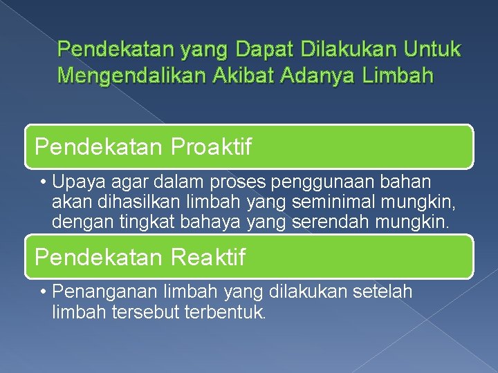 Pendekatan yang Dapat Dilakukan Untuk Mengendalikan Akibat Adanya Limbah Pendekatan Proaktif • Upaya agar