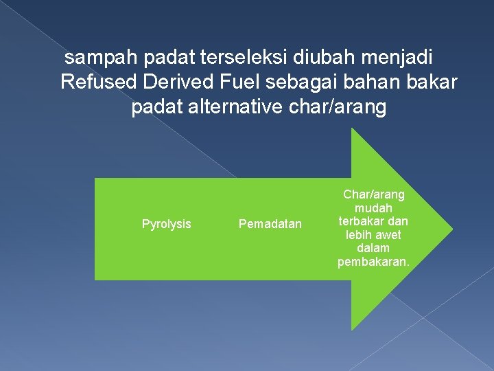 sampah padat terseleksi diubah menjadi Refused Derived Fuel sebagai bahan bakar padat alternative char/arang