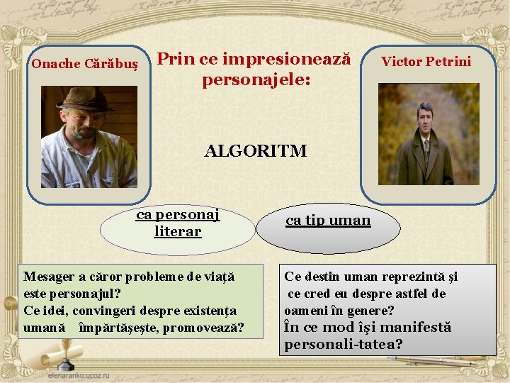 Onache Cărăbuş Prin ce impresionează personajele: Victor Petrini C C ALGORITM ca personaj literar