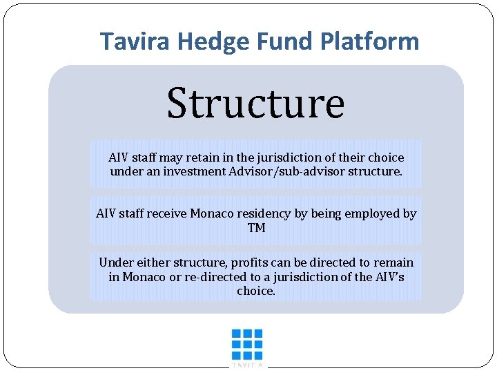 Tavira Hedge Fund Platform Structure AIV staff may retain in the jurisdiction of their
