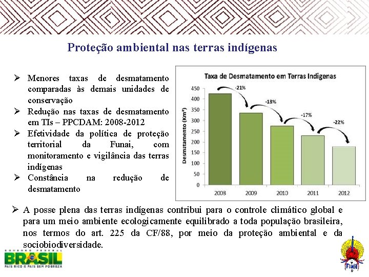  Proteção ambiental nas terras indígenas Ø Menores taxas de desmatamento comparadas às demais