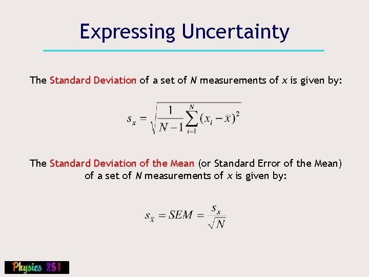 Expressing Uncertainty The Standard Deviation of a set of N measurements of x is