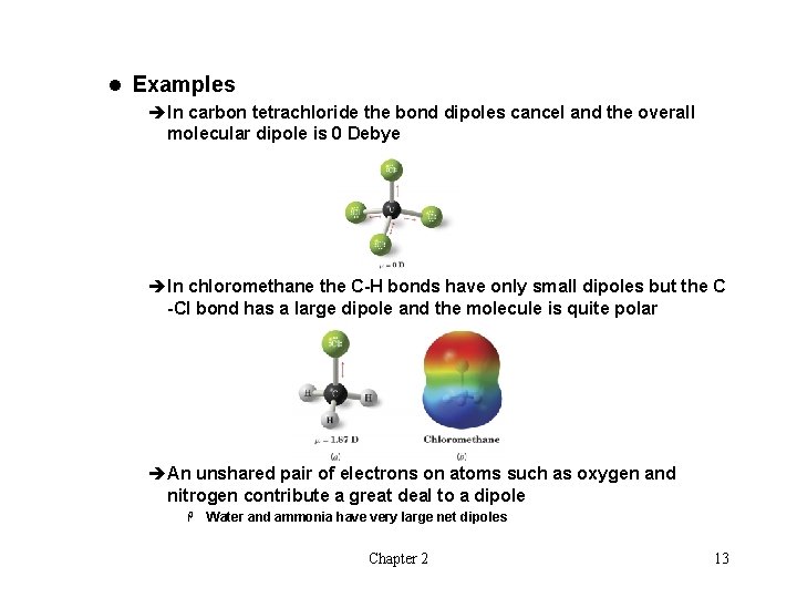 l Examples èIn carbon tetrachloride the bond dipoles cancel and the overall molecular dipole