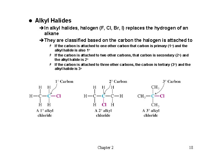 l Alkyl Halides èIn alkyl halides, halogen (F, Cl, Br, I) replaces the hydrogen