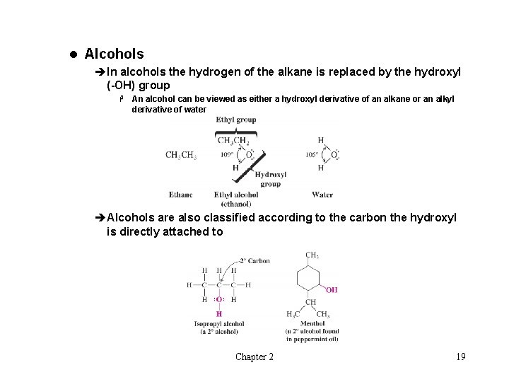 l Alcohols èIn alcohols the hydrogen of the alkane is replaced by the hydroxyl