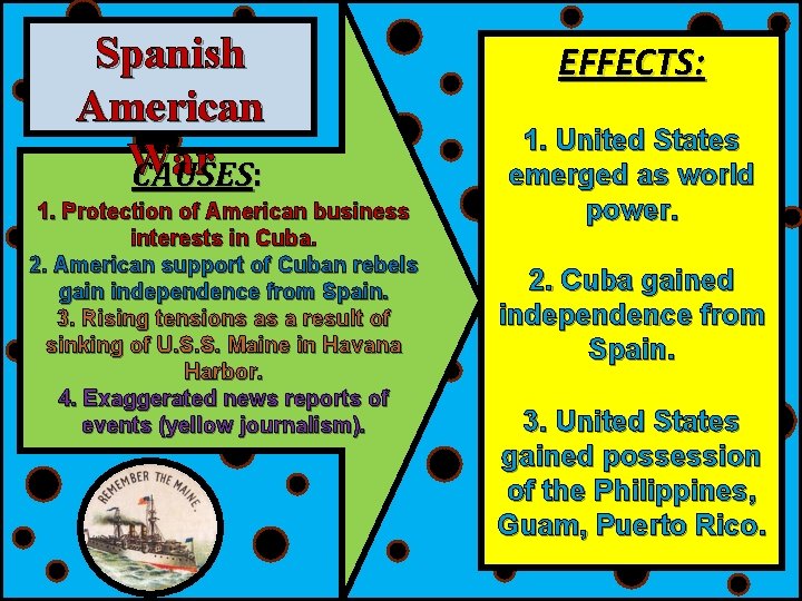 Spanish American War CAUSES: 1. Protection of American business interests in Cuba. 2. American