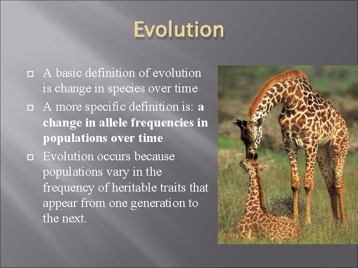 Evolution A basic definition of evolution is change in species over time A more