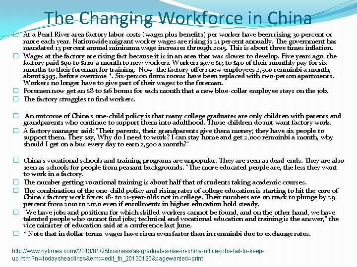 The Changing Workforce in China � At a Pearl River area factory labor costs