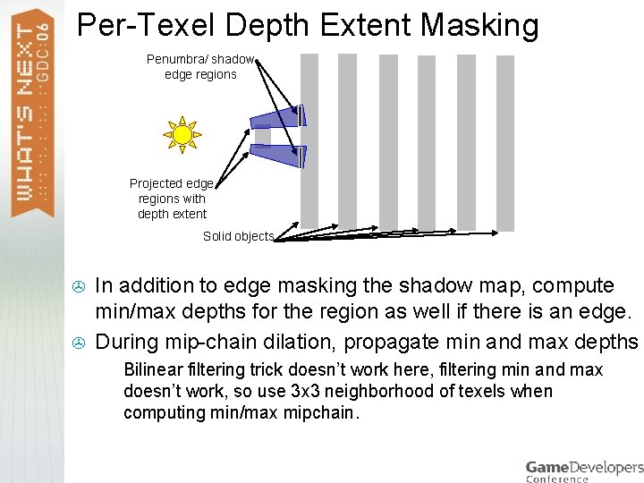 Per-Texel Depth Extent Masking Penumbra/ shadow edge regions Projected edge regions with depth extent