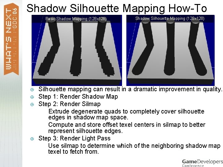 Shadow Silhouette Mapping How-To Basic Shadow Mapping (128 x 128) > > Shadow Silhouette