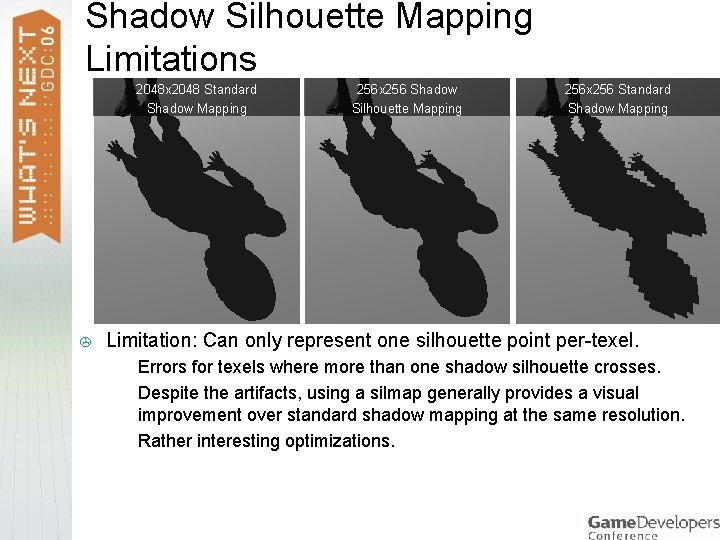 Shadow Silhouette Mapping Limitations 2048 x 2048 Standard Shadow Mapping > 256 x 256