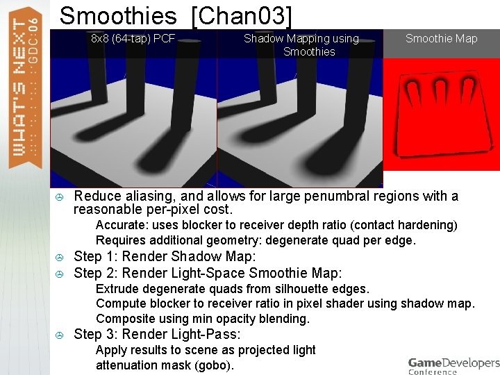 Smoothies [Chan 03] 8 x 8 (64 -tap) PCF > > > Accurate: uses