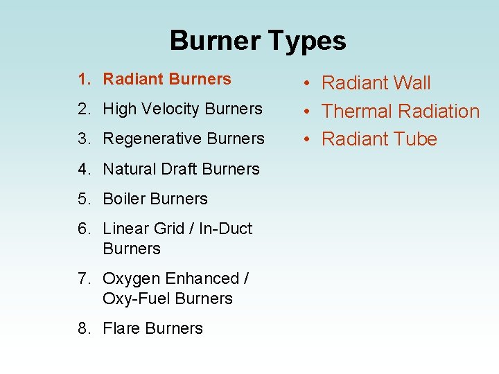 Burner Types 1. Radiant Burners 2. High Velocity Burners 3. Regenerative Burners 4. Natural