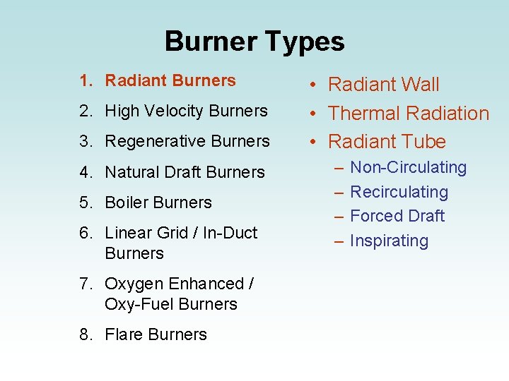 Burner Types 1. Radiant Burners 2. High Velocity Burners 3. Regenerative Burners 4. Natural