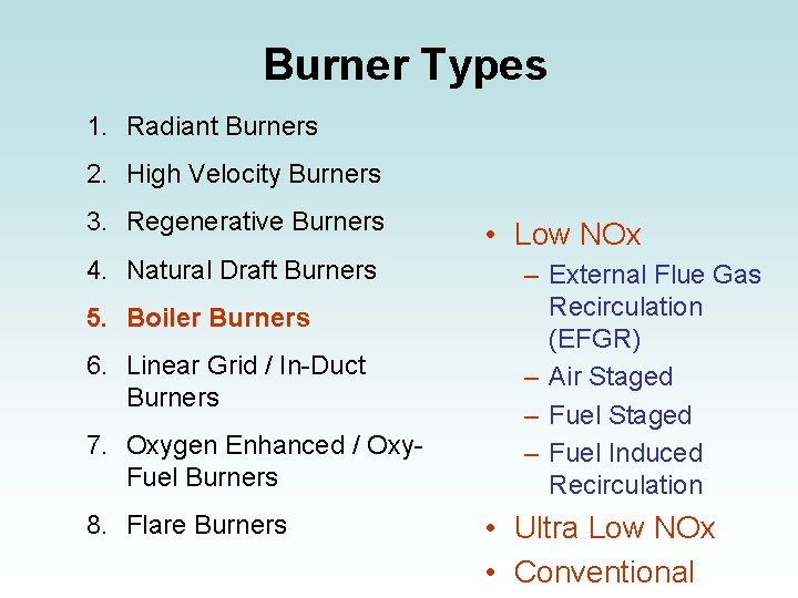 Burner Types 1. Radiant Burners 2. High Velocity Burners 3. Regenerative Burners 4. Natural