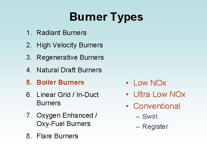 Burner Types 1. Radiant Burners 2. High Velocity Burners 3. Regenerative Burners 4. Natural