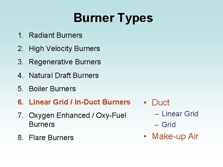 Burner Types 1. Radiant Burners 2. High Velocity Burners 3. Regenerative Burners 4. Natural