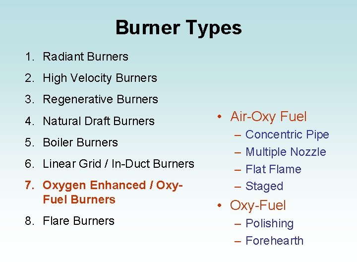 Burner Types 1. Radiant Burners 2. High Velocity Burners 3. Regenerative Burners 4. Natural